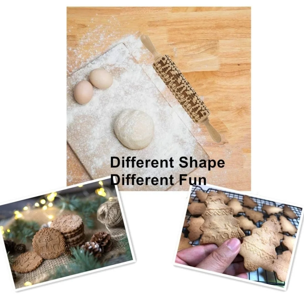 2 Wooden Christmas Holiday Embossed Rolling Pins Reindeer Trees Scroll Pattern